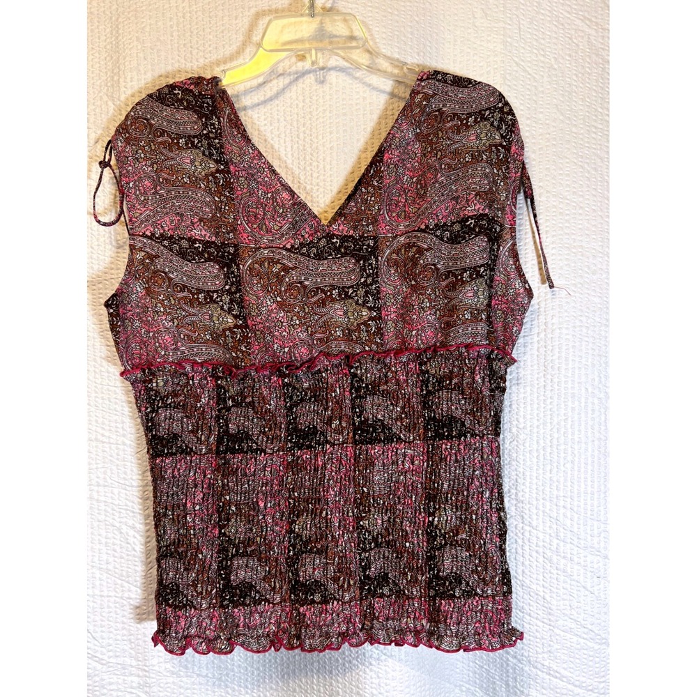 Piano Paisley Blouse Smocked Top VNeck Sleeveless Pink Brown Large Boho Festival